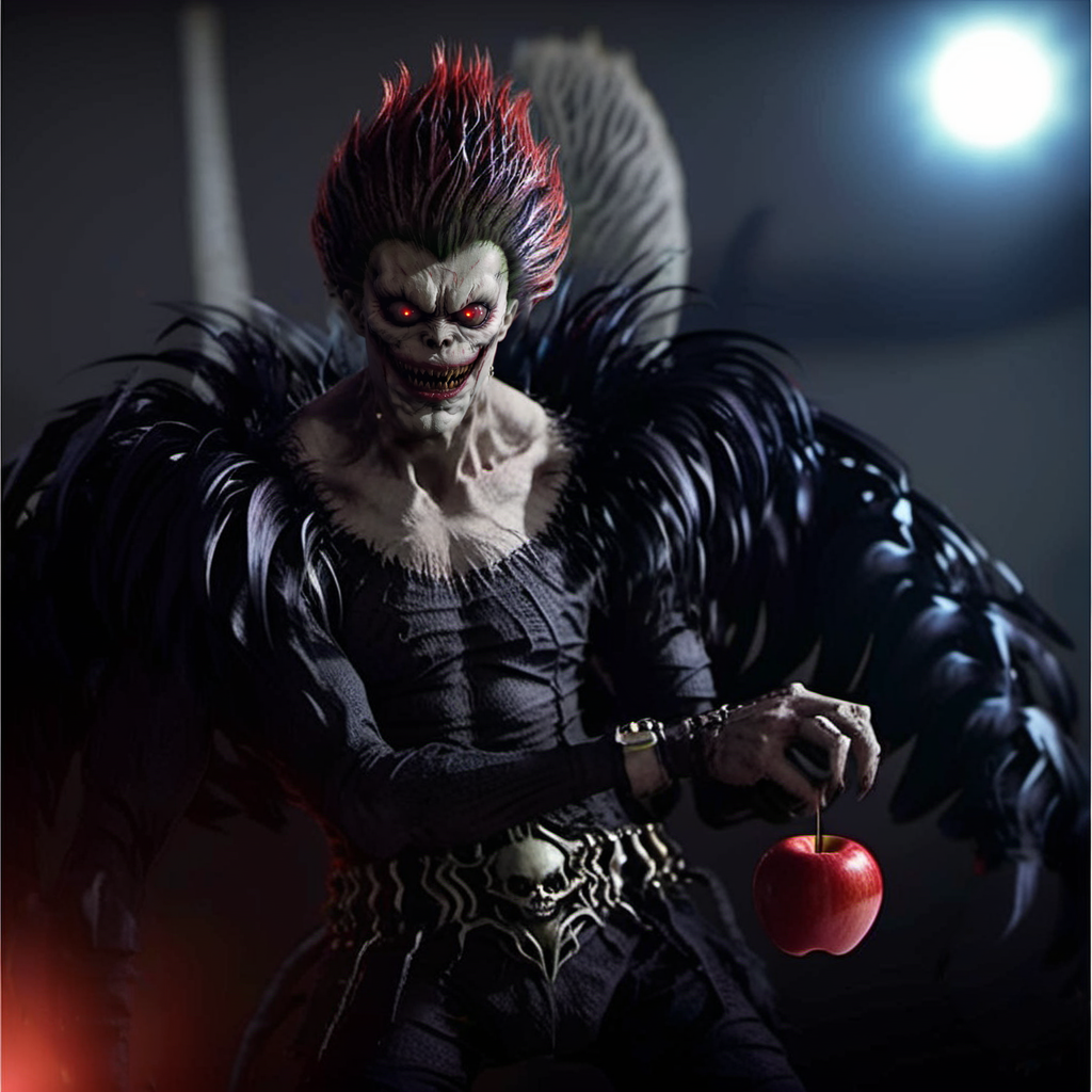 Ryuk1024, a demon, eating a red apple, highly detailed, photography, ultra sharp, film, bokeh, professional, 64k  <lora:add-detail-xl:1.5> <lora:Ryuk1024-000544:0.8>