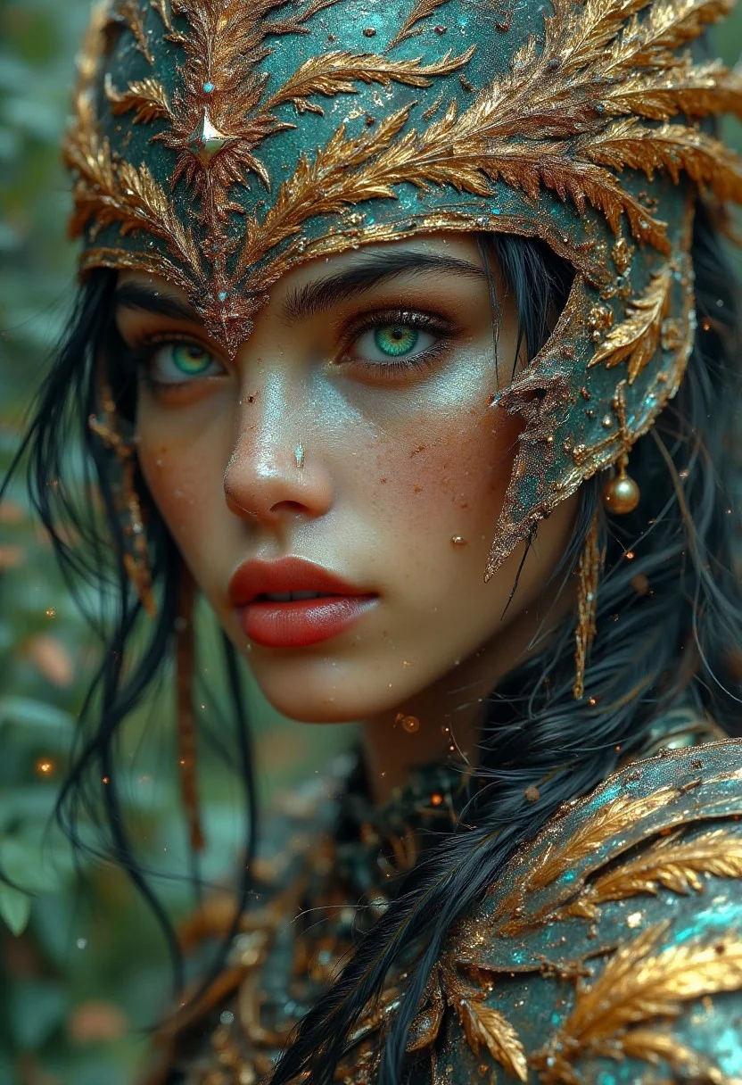 extreme closeup side portrait of female japanese fantasy knight wearing a greek bronze age full-face helmet, nose stud, long hair, bronze breastplate, green eyes, turquoise eyeshadow, red lips