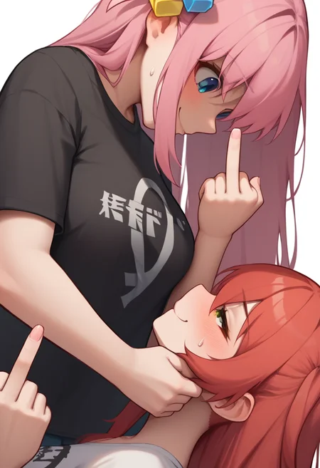 score_9,score_8_up,score_7_up,<lora:bocchi_the_rock_pony:1>,2girls,blush,smile,sweatdrop,large_breasts,t-shirt,highres,gotoh_hitori,looking_at_another,black_shirt,middle_finger,white_background,kita_ikuyo,yuri,cheek_press,