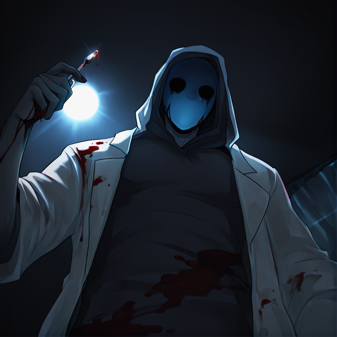 <lora:Eyeless_Jack:1> jack, hood, solo, blue mask, 1boy, male focus, grey skin, maid outfit, masterpiece, high quality, close view, surgical mask, looming, view from below, lab coat, blood on clothes, <lora:DarkerThanBlackIllustrious:1> masterpiece \(quality\), dark, dim lighting, holding scalpel,