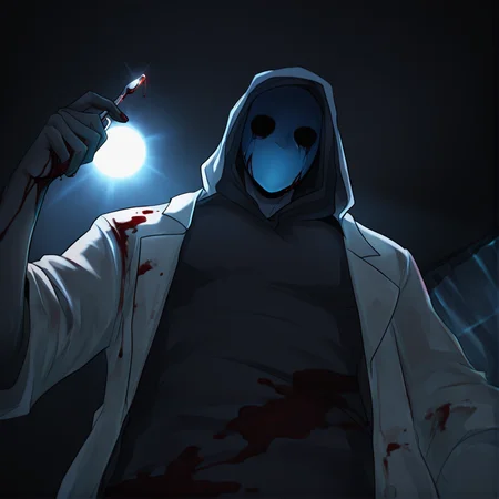 <lora:Eyeless_Jack:1> jack, hood, solo, blue mask, 1boy, male focus, grey skin, maid outfit, masterpiece, high quality, close view, surgical mask, looming, view from below, lab coat, blood on clothes, <lora:DarkerThanBlackIllustrious:1> masterpiece \(quality\), dark, dim lighting, holding scalpel,