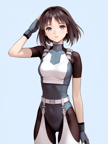 masterpiece,best quality,newest,
1girl,solo,
<lora:nagase_mari_ilxl_v1.0:1>,mari,black hair band,bob_cut,brown hair,grey eyes,
r_suit,turtleneck,skin tight,bodysuit,crop top,short sleeves,fingerless gloves,leotard,<lora:Fixhands_anime_bdsqlsz_V1:1>,white_background,simple_background,cowboy_shot,looking_at_viewer,expressionless,straight-on,salute,parted lips,
