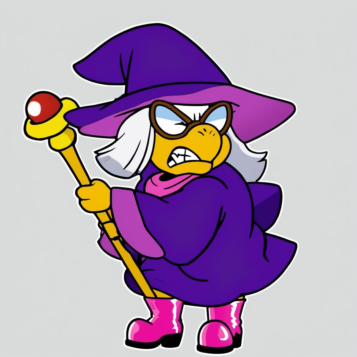 female,
<cartoon:1.5>,
<2d:1.5>,
kammy_koopa, granny_koopa, transparent background, solo, hat, witch hat,purple hat, purple robe, purple headwear, full body, white hair,  witch hat, holding, 1girl, wide sleeves, staff,boots,
<lora:Kammy_Koopa_Paper_Mario_Pony_SDXL:1> kammy_koopa <lora:90s4n1m3XLP:1> 90s4n1m3, angry,
teeth,
clenched teeth,
pop vein,