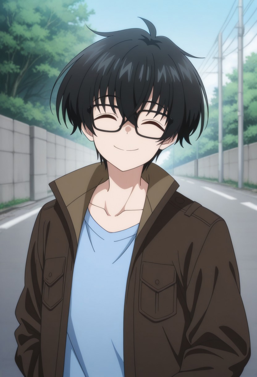 masterpiece,best quality,amazing quality, source_anime, 
KeitaroGentoga, 1boy, male focus, solo, closed eyes, glassed, black-framed eyewear, black hair, blue shirt, collarbone,
 jacket, brown jacket, open jacket, smile, looking at viewer, facing viewer, outdoor,