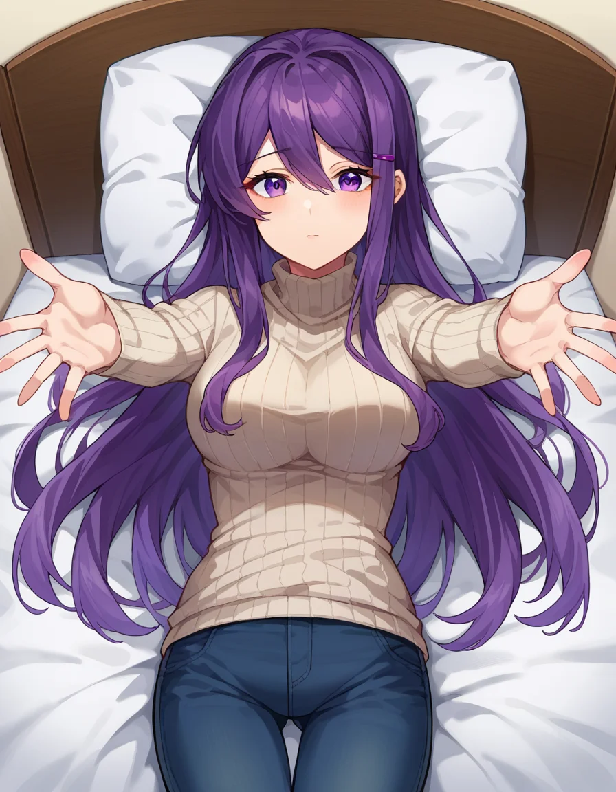 score_9, score_8_up, score_7_up, source_anime,
ddlcyuri, <lora:ddlc-yuri-ponyxl-lora-nochekaiser:1>
ddlcyuri, hair ornament, hairclip, long hair, purple eyes, purple hair,
casual clothes, grey sweater, miniskirt, pants, ribbed sweater, skirt, sweater, turtleneck, turtleneck sweater,
indoors, bed, bed room, on back, arm support, arms up, incoming hug, pov, reaching, reaching towards viewer,
looking at viewer, dutch angle, cowboy shot,