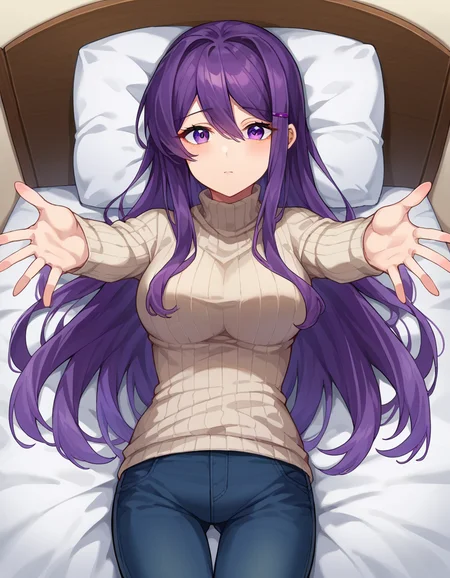 score_9, score_8_up, score_7_up, source_anime,
ddlcyuri, <lora:ddlc-yuri-ponyxl-lora-nochekaiser:1>
ddlcyuri, hair ornament, hairclip, long hair, purple eyes, purple hair,
casual clothes, grey sweater, miniskirt, pants, ribbed sweater, skirt, sweater, turtleneck, turtleneck sweater,
indoors, bed, bed room, on back, arm support, arms up, incoming hug, pov, reaching, reaching towards viewer,
looking at viewer, dutch angle, cowboy shot,