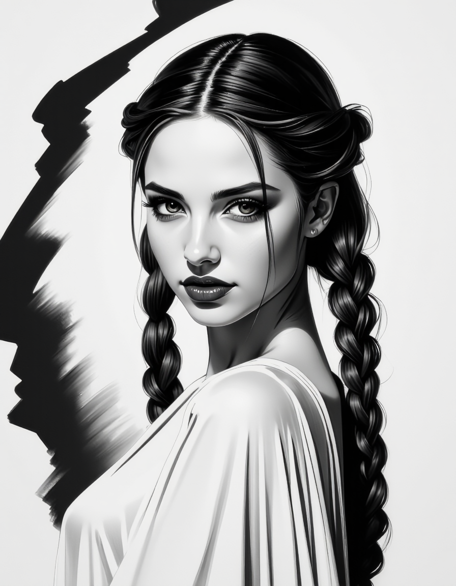 zavy-fnrt , This is a highly detailed, hyper-realistic black and white drawing of a young woman with a striking expression. She has a fair complexion, long, wavy hair styled in two braids that fall over her shoulders, and dark, expressive eyes that gaze directly at the viewer. Her lips are full and painted in a deep, rich shade of red, adding a dramatic contrast to the monochromatic background. She is partially draped in a loose, flowing garment that is rendered with soft, feathery strokes, giving it a delicate, almost ethereal texture. Her physique is slender, and she is posed in a three-quarter view, turning her head slightly to the left. The background is minimalistic and abstract, consisting of soft, smudged lines and gradients that emphasize the subject without distracting from her features. The overall style of the drawing is highly realistic, with meticulous attention to detail in the textures and shadows, creating a sense of depth and realism. The image conveys a sense of intimacy and sensualism. <lora:ck-greasepencil__:1> <lora:Add_More_details_Flux:1>