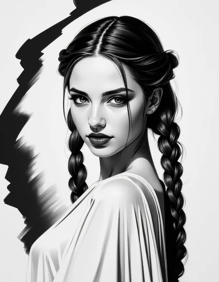 zavy-fnrt , This is a highly detailed, hyper-realistic black and white drawing of a young woman with a striking expression. She has a fair complexion, long, wavy hair styled in two braids that fall over her shoulders, and dark, expressive eyes that gaze directly at the viewer. Her lips are full and painted in a deep, rich shade of red, adding a dramatic contrast to the monochromatic background. She is partially draped in a loose, flowing garment that is rendered with soft, feathery strokes, giving it a delicate, almost ethereal texture. Her physique is slender, and she is posed in a three-quarter view, turning her head slightly to the left. The background is minimalistic and abstract, consisting of soft, smudged lines and gradients that emphasize the subject without distracting from her features. The overall style of the drawing is highly realistic, with meticulous attention to detail in the textures and shadows, creating a sense of depth and realism. The image conveys a sense of intimacy and sensualism. <lora:ck-greasepencil__:1> <lora:Add_More_details_Flux:1>
