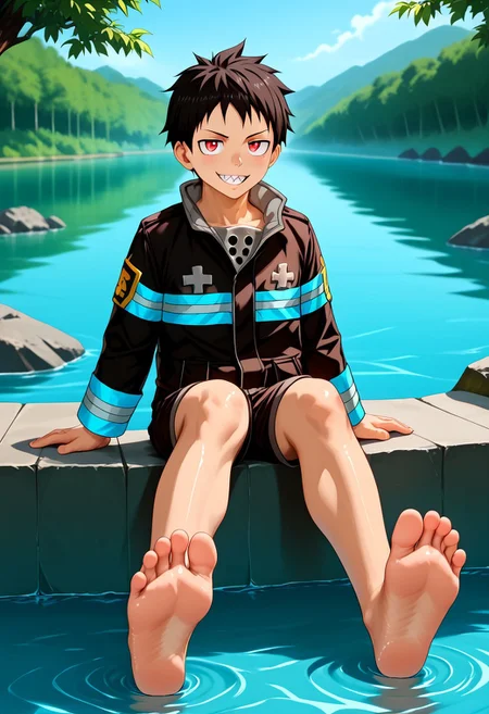 (masterpiece, top quality), ultra high definition CG, Unity, 8k wallpaper, high resolution, bold composition,amazing quality,very aesthetic,high resolution, ultra-detailed,absurdres,newest,scenery,depth of field,volumetric lighting , artistic composition,anime screencap, 1boy, naughty face, shinra, black hair, red eyes, sharp teeth, firefighter uniform, unzipped jacket, short shorts, barefeet, feet focus, feet, scenery, oustside, forrest, sitting, feet in stream, feet in water, shiny skin