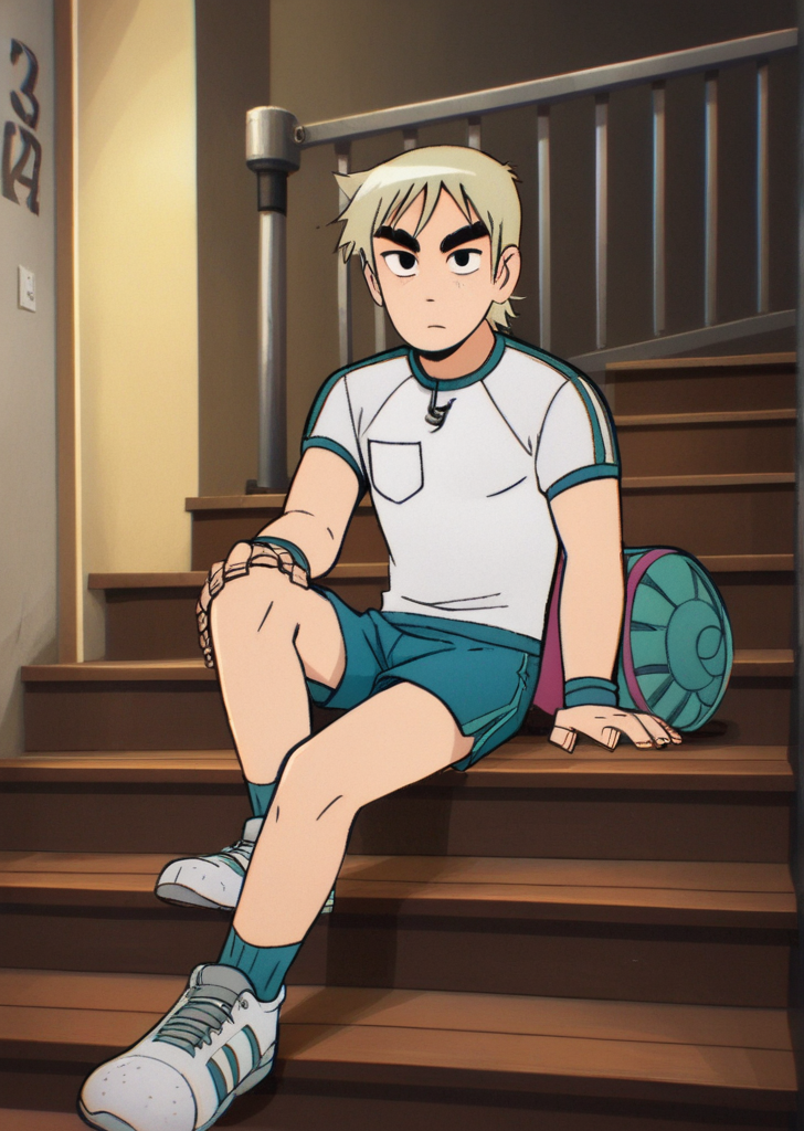 score_9, score_8_up, score_7_up, score_6_up, source_anime, zPDXL, BREAK
<lora:Scott_Pilgrim_Takes_Off:1> scottp, sketch, anime coloring, 1boy, solo, todd, blonde hair, short hair, tall, thick eyebrows, gym ready  athletic shorts, performance t-shirt, running shoes, gym duffle bag , sitting on a staircase, pensive,