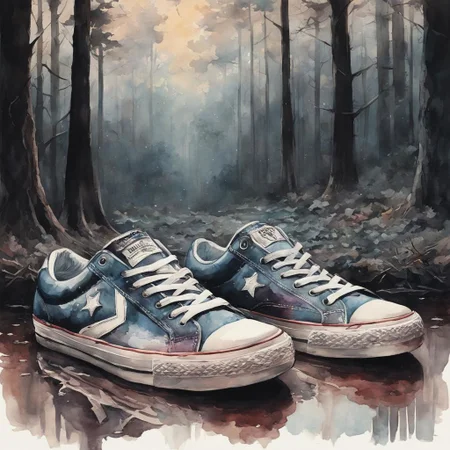 Excellence masterpiece a (watercolor, aquarelle, wet watercolor:1.25) artwork of a {New Ballance retro sneakers}, (dark magic, macabre, spooky fairy tale:1.175), (breathtaking:1.25), by (alena aenami and rutkowski:1.36), 4k textures, ultra detailed, (absurdres), trending in artstation