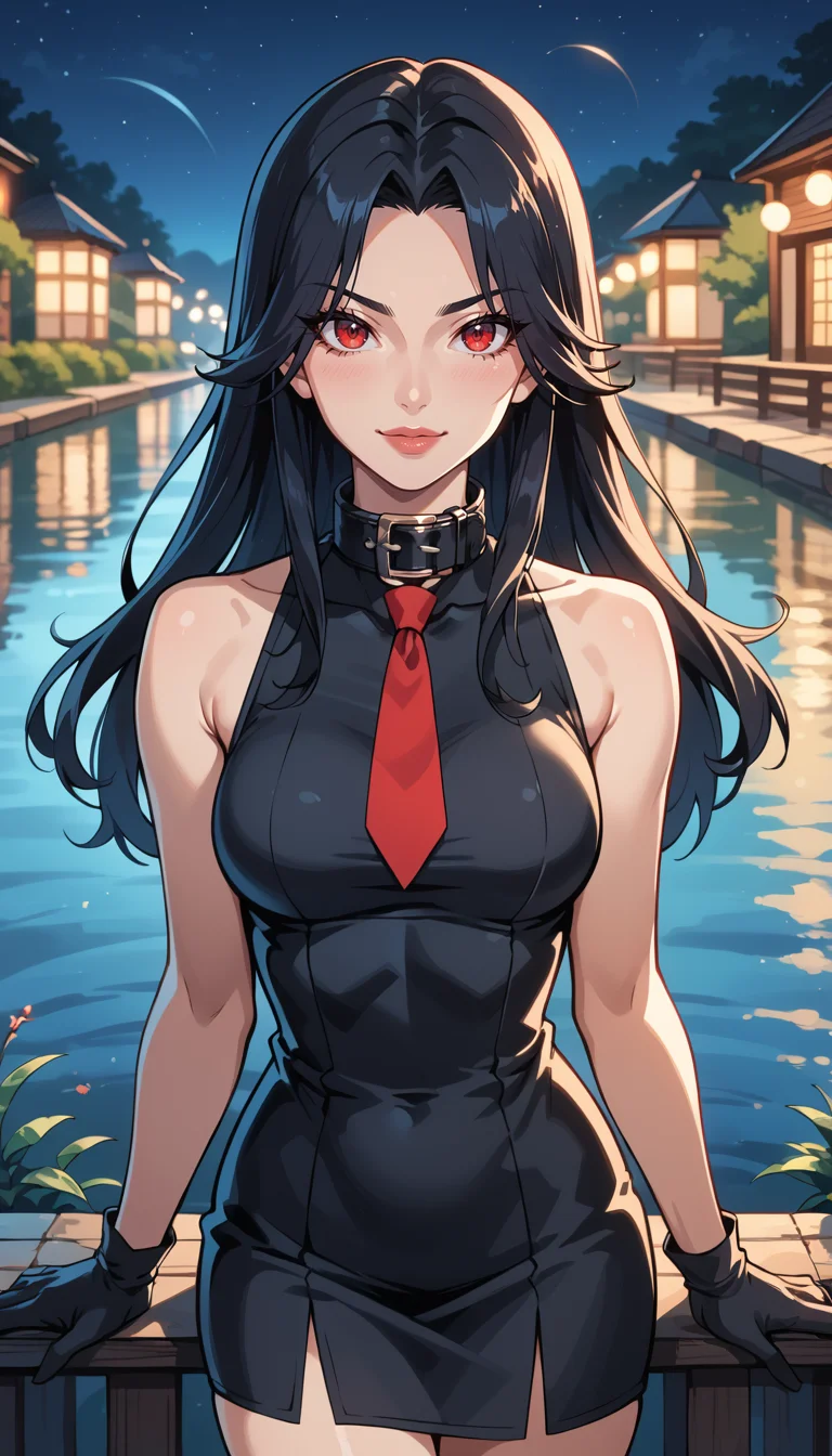 score_9, score_8_up, score_7_up, Western Comics, Cowboy Shot, Akame ga Kill!, cute, seductive, innocent, light smile:0.3, plump lips, slender body, very long black hair, red eyes, black dress, sleeveless, detailed white collar, black skirt, red and black gloves, long red tie, ultrahigh resolution textures, bokeh, moonlight passing through hair night, lake background, depth of field, dynamic angle, fashion photography, sharp, hyperdetailed:1.15