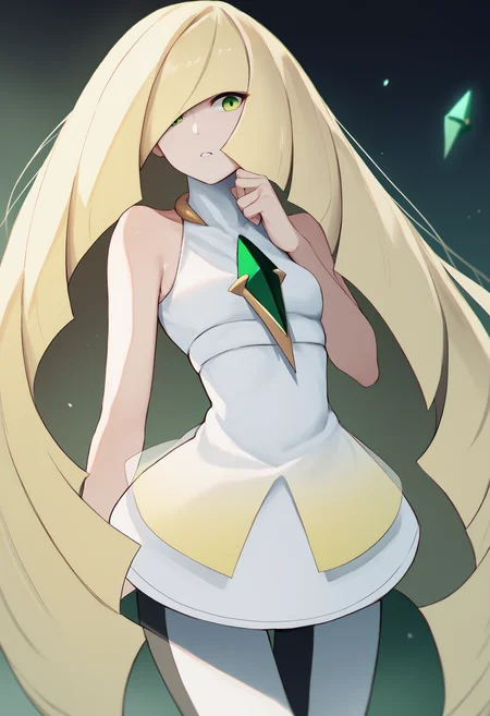 score_9, score_8_up, score_7_up, source_anime BREAK 1girl, solo, <lora:lusamine-pokemon-richy-v1_pdxl:1> lsmndef, green eyes, blonde hair, very long hair, bangs, hair over one eye, chest jewel, white dress, sleeveless, leggings