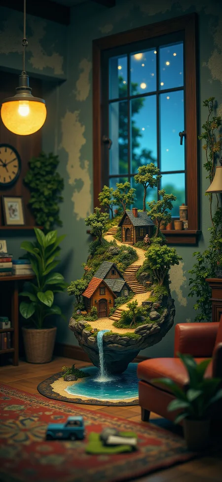 (indoor,very wide isometric view,tilt-shift lens:1.6), (windowless,fna_style,miniature,miniature,diorama,miniature,diorama,PVC,plastic:2),starry night jungle,beach,1910s village with car  at (floating island,levitating  island:1.5) on (table:2) at (attic:2.5)   <lora:Diorama_Flux:1>
 <lora:Fantasy_Novel_Art_Style:1>