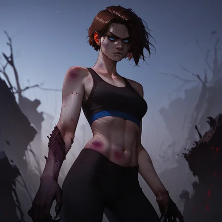 (score_9, score_8_up, score_7_up). (line work, excellent drawing, highest quality, extremely detailed:1.2). solo, a woman watching her arm be corrupted. 1girl, brown hair, short hair, blue eyes, black pants, sports bra, gradient skin, corrupted_arm, claws, spreading corruption, spreading infection, infected hand, infected forearm, charred skin, (dark hands), bruised hand, black fingers, dark forearm, purple veins, pale skin, thin, injured, serious, relaxed posture, g0thicPXL, romantic, source_cartoon, outdoors, night, dark, moonlight, medium distance, cowboy_shot, semirealistic, side angle, depth of field