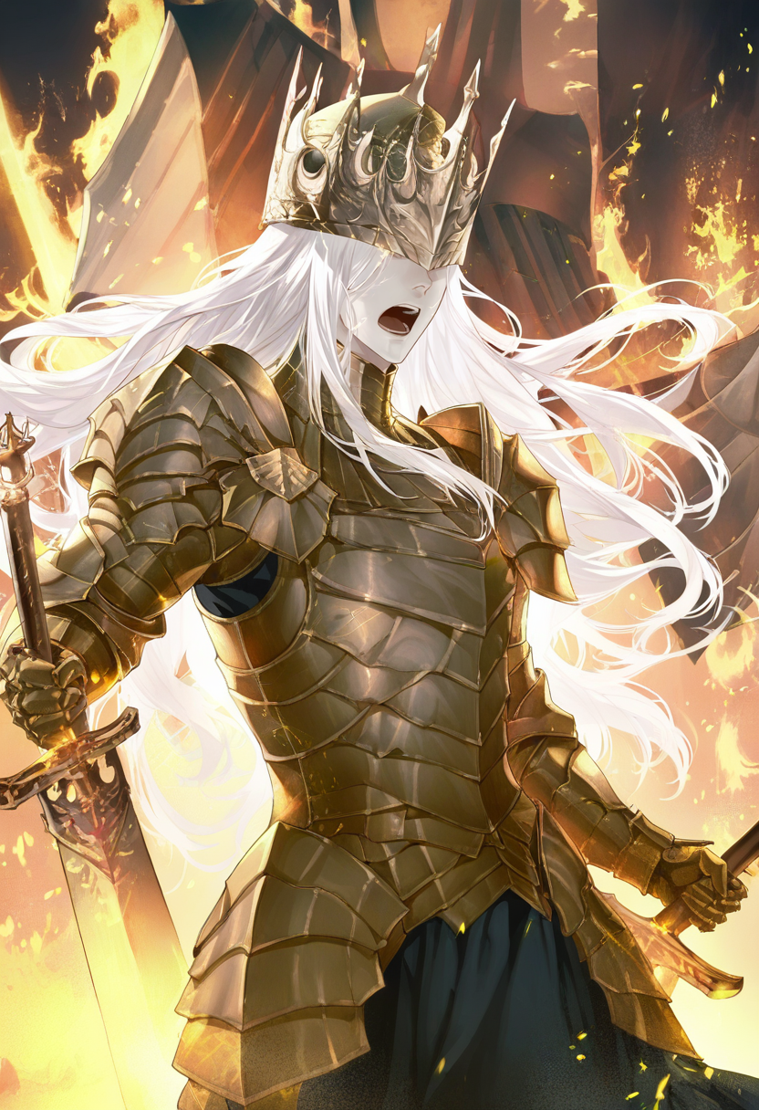 armor, weapon, holding weapon, holding, holding sword, long hair, sword, white hair, helmet, shoulder armor, open mouth, 1boy, male focus, solo, pauldrons, fire, breastplate, embers, gauntlets, crown, dual wielding, full armor, standing <lora:cuso4XL_NBVP1_lokr_V6311PZ:0.95>