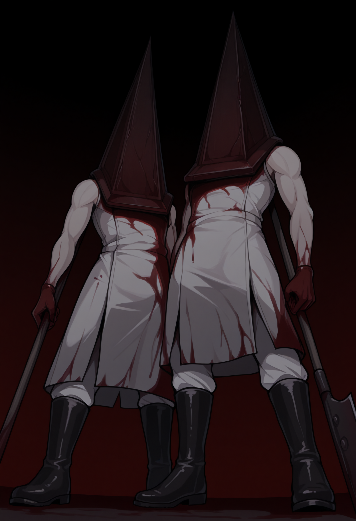 masterpiece, best quality, 2boys, twins, Pyram1dHead, helmet, white coat, sleeveless, blood on clothes, white pants, boots, dark, dark theme, horror \(theme\), holding spear, spear, facing viewer, from below, <lora:ChamPyramidHeadIllustriousXL:1>