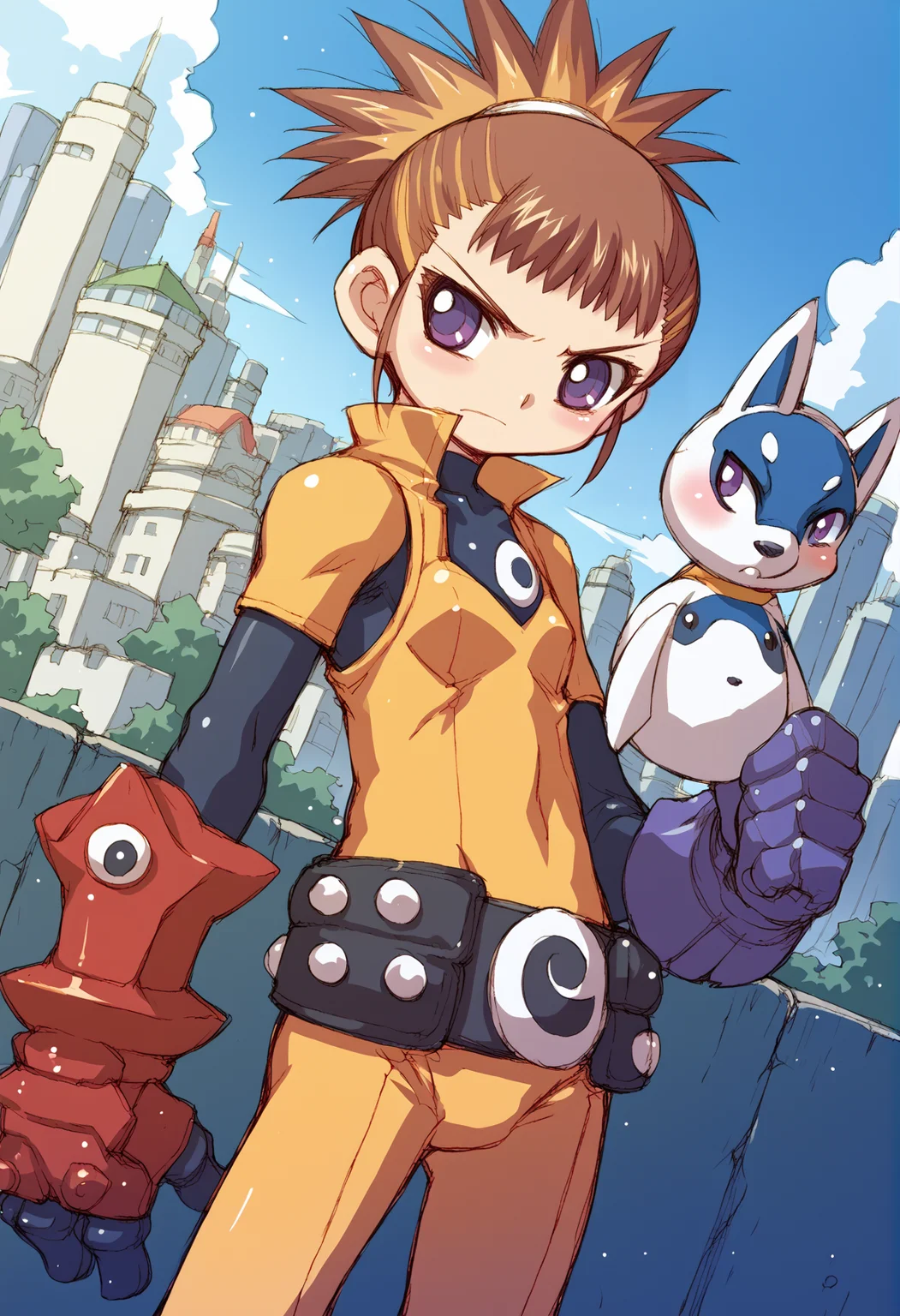 girl, solo, rika, Two-Tone Hair, multicolored hair, short hair, blonde hair, brown hair, purple eyes, ponytail, sakuyamon, facial mark, holding mask, armor, belt, bodysuit, gauntlets, golden armor, high heels, yin yang, blushing, looking to the side, flat chest, outdoors, cityscape, looking at viewer, dutch angle, cowboy shot, flat chest <lora:RukiJuri:1> <lora:nakayama_tooru_XL:1>, score_9, score_8_up, score_7_up, score_6_up, score_5_up, score_4_up, BREAK source_anime, masterpiece