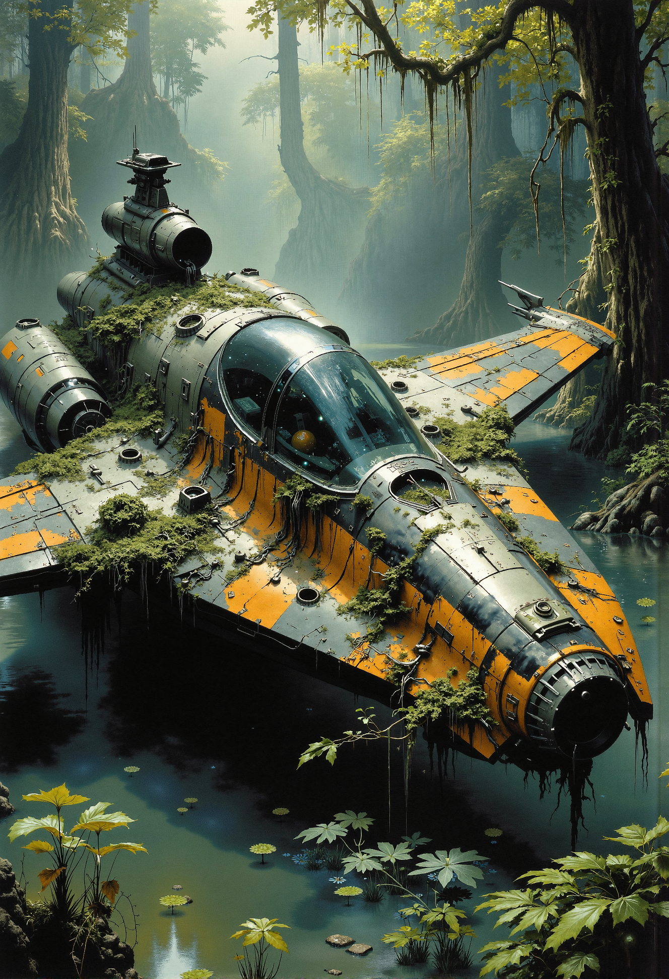 A damaged sci-fi spaceship fighter lies partially submerged in a murky swamp, its hull covered in grime and corrosion from years of abandonment. Thick vines and tangled moss weave through its wings and cockpit, as if nature itself is reclaiming the iconic starship. The surrounding jungle is dense and vibrant, with towering trees, lush ferns, and mist hanging in the humid air. The swampy water reflects the faint glow of alien plants, while the spaceships once-bright markings are barely visible beneath layers of dirt and vegetation, creating an eerie and atmospheric scene of decay and wilderness. <lora:Elden_Ring_-_Yoshitaka_Amano.safetensors:1.0>,   <lora:Movie_Portrait.safetensors:0.5>,  <lora:- Flux1 - soothing_atmo_V2.0.safetensors:0.2>,  <lora:lith_mimosa_kiel_grw134_FLUX.safetensors:0.4>,  <lora:ancient.safetensors:0.3>,  <lora:Ethereal Grace - s1 g4.safetensors:0.5>,