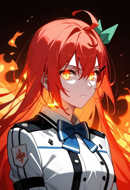 score_9, score_8_up, score_7_up, source_anime, LEOLESHEA (DRAGON GOD), 1girl, solo, long hair, bangs, shirt, hair ornament, bow, ribbon, hair between eyes, closed mouth, jacket, hair ribbon, yellow eyes, upper body, ahoge, red hair, hairclip, bowtie, uniform, glowing, white jacket, fire, glowing eyes