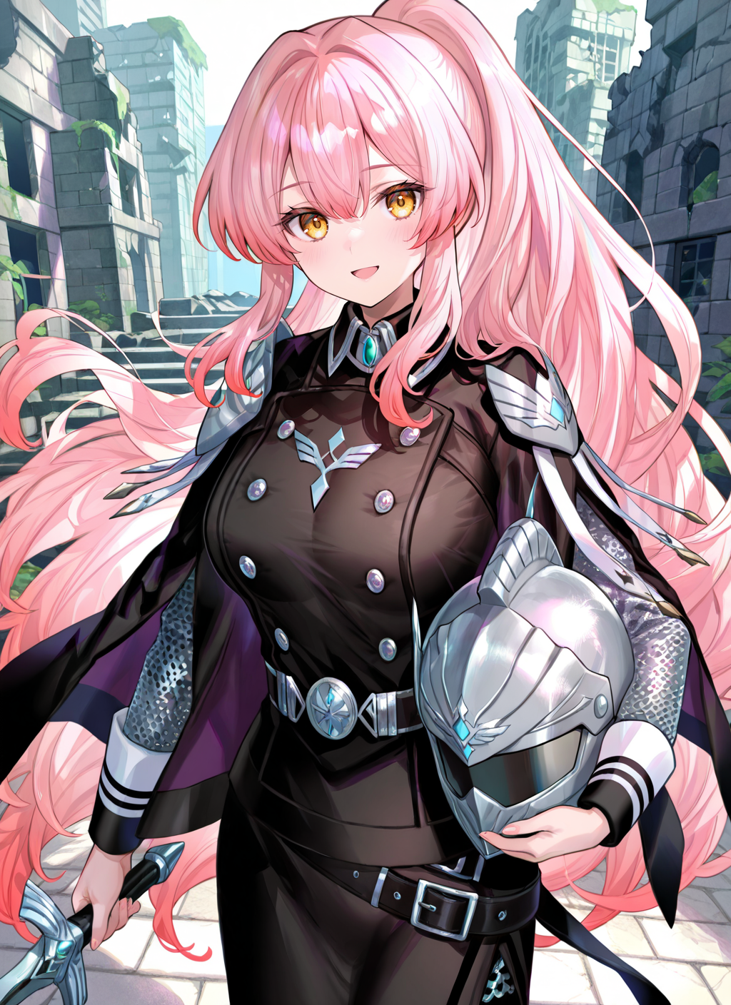 exosister martha,1girl,masterpiece,best quality,amazing quality,very aesthetic,absurdres,newest,<lora:Exosister Martha illusXL v1:0.7>,armin arlert,cowboy shot,looking at viewer,smile,open mouth,chainmail shirt with tunic,black tunic,white cross on tunic,no headwear,black cape,holding helmet,greathelm helmet,ruins,