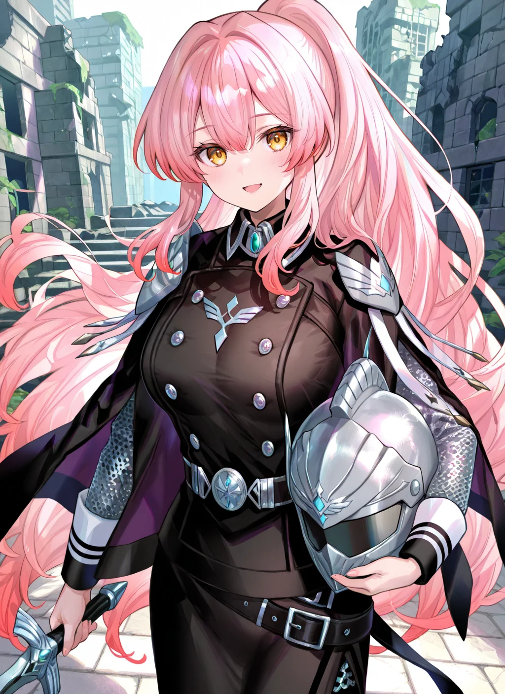 exosister martha,1girl,masterpiece,best quality,amazing quality,very aesthetic,absurdres,newest,<lora:Exosister Martha illusXL v1:0.7>,armin arlert,cowboy shot,looking at viewer,smile,open mouth,chainmail shirt with tunic,black tunic,white cross on tunic,no headwear,black cape,holding helmet,greathelm helmet,ruins,