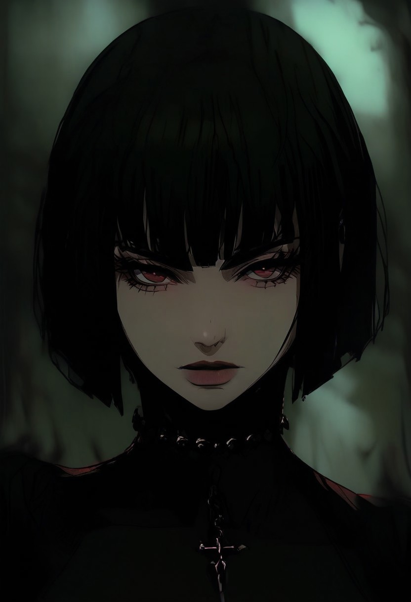 gthan, 1girl, solo, short hair, black hair, jewelry, looking at viewer, necklace, cross, portrait, bangs, red eyes, closed mouth, turtleneck, blurry background, cross necklace, lips, piercing, blurry, bob cut, eyelashes