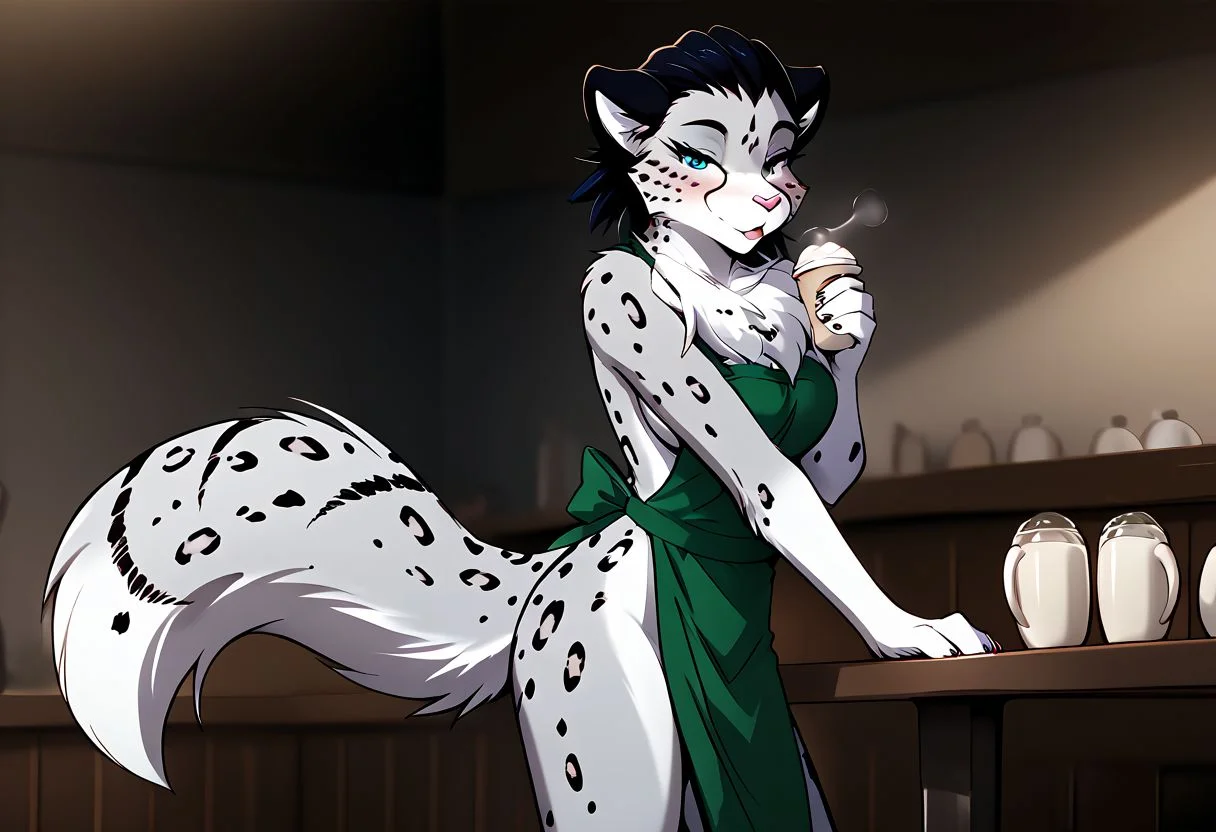 score_9, score_8_up, score_7_up, score_explicit, source_furry,
<lora:Expressive_H:1>,<lora:Anime Style:1>,
(Solo),(anthro),snow leopard,white body, green apron,(volupteous),(big breast),(standing behind bar:1.3),(seductive:1.2),
milk latte,holding coffee cup,