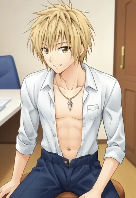 ((masterpiece)), ((best quality)), ((ultra-detailed)), score_9_up, score_8_up, score_7_up, HD, top quality, best quality, High-quality illustrations, anime screencap, perfect anatomy, 1male, 1boy, solo male, male focus, anime, anime boy, male anime character, handsome, attractive, cute, smiling, happy, charming smile,Yuu Kotegawa,blonde hair,gray-yellow eyes, slim body, tall body, slender body, slim slender body, model, male model, necklace, wearing open unbuttoned long sleeve polo shirt, exposed chest, exposed abdomen, navel, sitting, sitting position, modeling, posing, top view, view from above, bird's eye view