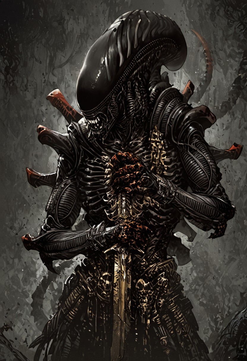 score_9, score_8_up, score_7_up, score_6_up, score_5_up, score_4_up,<lora:Fant5yP0ny:0.8>, xenomorphic creature from Lords of the Fallen, black templar armor, gold sword of Pieta, solo, gold eyes, blood on face