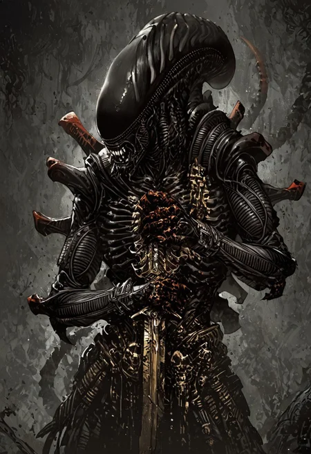 score_9, score_8_up, score_7_up, score_6_up, score_5_up, score_4_up,<lora:Fant5yP0ny:0.8>, xenomorphic creature from Lords of the Fallen, black templar armor, gold sword of Pieta, solo, gold eyes, blood on face