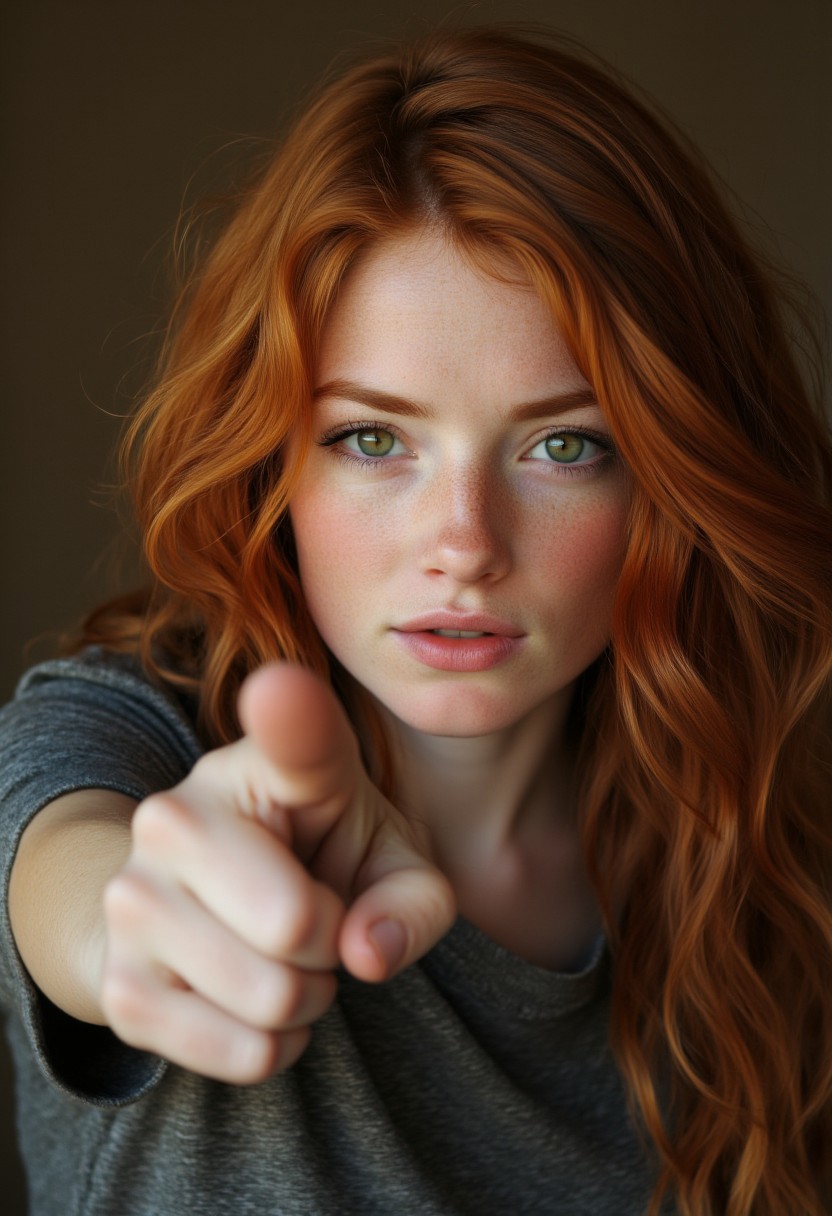 FictionalSabrina A red head girl with green eyes, angry and pointing madly at the viewer