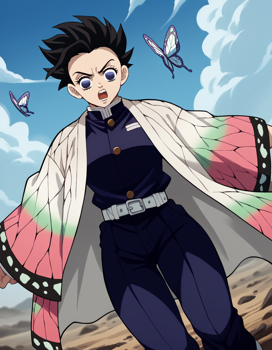 score_9, score_8_up, score_7_up, source_anime, <lora:super-saiyan-ponyxl-lora-nochekaiser:1>, super saiyan, spiky hair, aura, open mouth, closed hands, shouting, breast, 
<lora:shinobu-kochou-anime-ponyxl-lora-nochekaiser:1>
belt, black pants, butterfly print, coat, demon slayer uniform, haori, japanese clothes, pants, uniform,
wasteland, sky, blue sky, clouds,, cowboy shot, dutch angle, looking at viewer,