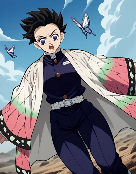 score_9, score_8_up, score_7_up, source_anime, <lora:super-saiyan-ponyxl-lora-nochekaiser:1>, super saiyan, spiky hair, aura, open mouth, closed hands, shouting, breast,
<lora:shinobu-kochou-anime-ponyxl-lora-nochekaiser:1>
belt, black pants, butterfly print, coat, demon slayer uniform, haori, japanese clothes, pants, uniform,
wasteland, sky, blue sky, clouds,, cowboy shot, dutch angle, looking at viewer,
