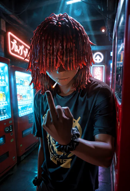 HDR, 8K, high contrast, masterpiece, best quality, amazing quality, very aesthetic, superabsurd res, high resolution, ultra-detailed, absurdres, newest, scenery, (horikoshi kouhei:0.3), (quasarcake:0.3), (wlop:0.3), light rays, chiaroscuro, foreshortening, dynamic angle, from side, solo, 1boy, very dark skin, male focus, dreadlocks, red hair, medium hair, kms_hangtime, dreads over eyes, dreads covering eyes, sharp teeth, piercing, t-shirt, black nail polish, wrist scrunchie, cigarette in mouth, closed mouth, dynamic pose, middle finger, looking away, shop, vending machine, shop, neon lights, cyberpunk, (bokeh:1.1), evil aura, glowing, evil, corrupted powerful aura, melancholy, dramatic, moody, dark, night, fog, bokeh, Intricately designed, Mysterious Shadows, BREAK, photorealistic, detailed skin, detailed hair, volumetric lighting, dappled light, light particles, dramatic shadows, cinematic lighting, photo background, depth of field, <lora:ponyxl\cfg_scale_boost:0.8> <lora:IL\KMS_Hangtime_IL-000005:1>