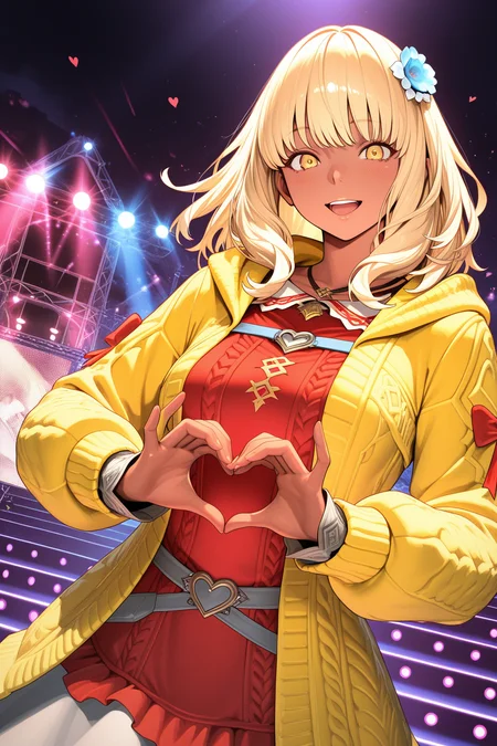 masterpiece, best quality, amazing quality, absurdres, honeyhyune, blonde hair, dark skin, dark-skinned female, yellow jacket, yellow eyes, red shirt, solo, smile, open mouth, heart hands, looking at viewer, medium breasts, outdoors, stage, stage lights, bright colors, vibrant colors