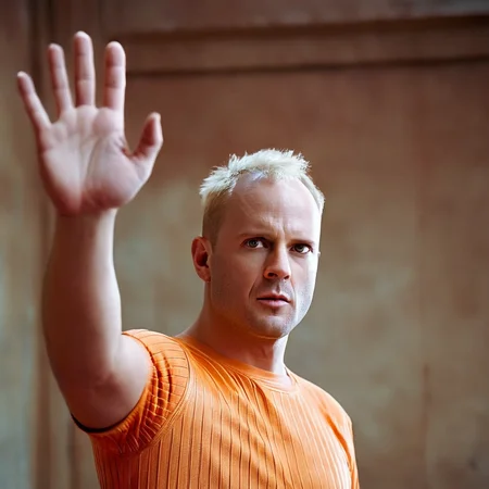 cinematic film still of <lora:detailed:1>
<lora:perfection style:1>
<lora:Le Cinquieme Element style:0.3>
<lora:Korben Dallas:0.9> Korben Dallas
Korben Dallas a man in an orange shirt is holding his hands up,solo,looking at viewer,short hair,blonde hair,shirt,1boy,closed mouth,upper body,male focus,indoors,red shirt,realistic,bald,old,orange shirt,old man,wrinkled skin , 23rd century, realistic, cinematic, film, movie, sci fi, science fiction, action film, The Fifth Element style, Le Cinquieme Element style, perfect hand, shallow depth of field, vignette, highly detailed, high budget, bokeh, cinemascope, moody, epic, gorgeous, film grain, grainy