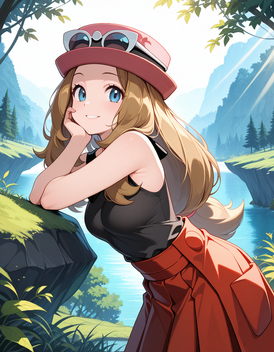 masterpiece, best quality, amazing quality,, <lora:pokemon-serena-illustriousxl-lora-nochekaiser:1>, serena, serena (pokemon), long hair, blue eyes, brown hair, mature female, medium breasts,, eyewear on head, hat, skirt, sunglasses, shirt, black shirt, sleeveless, red skirt, pink hat,, head rest, smile,, Outdoors, nature, scenery, open_space, sunlight, cowboy shot, solo, looking at viewer,