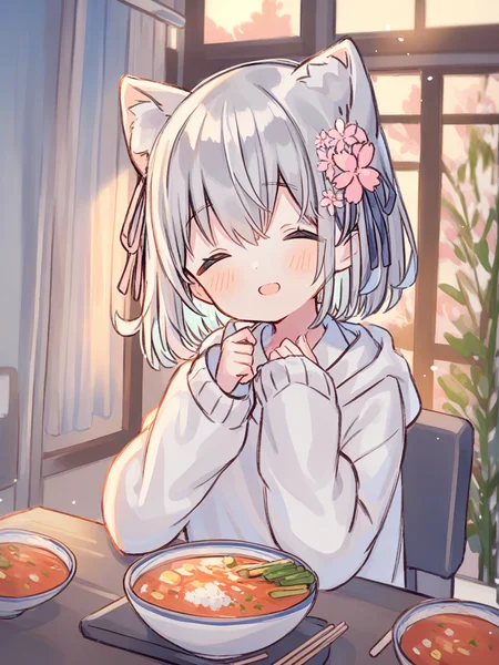 1girl,solo,cherry blossoms,hair flower,pink flower,hair ribbon,cat ears,animal ear fluff,closed eyes,grey hair,short hair,bangs,hair between eyes,eyebrows visible through hair,blush,open mouth,light smile,neck ribbon,white hoodie,flat chest,sleeves past wrists, sitting,looking at viewer,hands on own chin,notice lines, indoor,restaurant,desk,soup,vegetables,meet,beef,dishes,bowls,rice,steam,chopsticks,window,scenery,blue sky,light rays, close up,front view
<lora:fruitsrabbit_1-000030:1>,