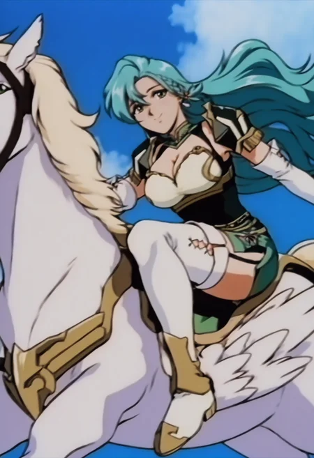 masterpiece, best quality, solo, looking at viewer, 1girl, smile, <lora:ChloeFE-illu:1>, clde, long hair, aqua hair, side braid, green eyes, earrings, cleavage, large breasts, breastplate, pauldrons, pegasus knight uniform \(fire emblem\), elbow gloves, white gloves, short dress, pelvic curtain, belt, garter straps, thigh boots, riding, pegasus, sky, cloud, winged horse, flowing hair, <lora:FeOVA_GLoRA-illus_Fp:1>, retro artstyle, flying, wide shot, white footwear,