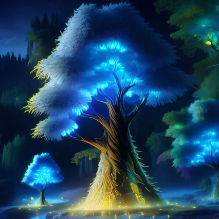 detailed tree textures, and a fantasy forest setting with glowing fantasy creatures around them, depicting two blue glowing trees in the background, vibrant colors, Digital painting in the style of O'Hara, high-resolution scene with a white background, a simple dark fantasy artwork in a cartoon style. The digital art features a colorful