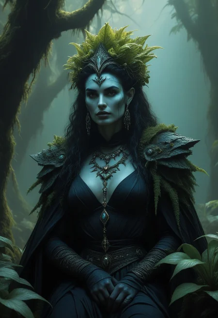 comic art by Mike Allred, style of Ted Nasmith, live action 80's dark fantasy, upper body shot, a sorceress on an ancient throne of twisted roots, surrounded by blooming carnivorous plants and softly glowing bone charms, both wise and dangerous, feathered shoulder mantle rustling with spirit whispers, high-detail portrait with soft jungle light and esoteric symbols surreal and nostalgic, vintage cult-like vibe, dark and shadowy environment, vibrant jungle colours Caravaggio meets D&D charm , masterpiece,