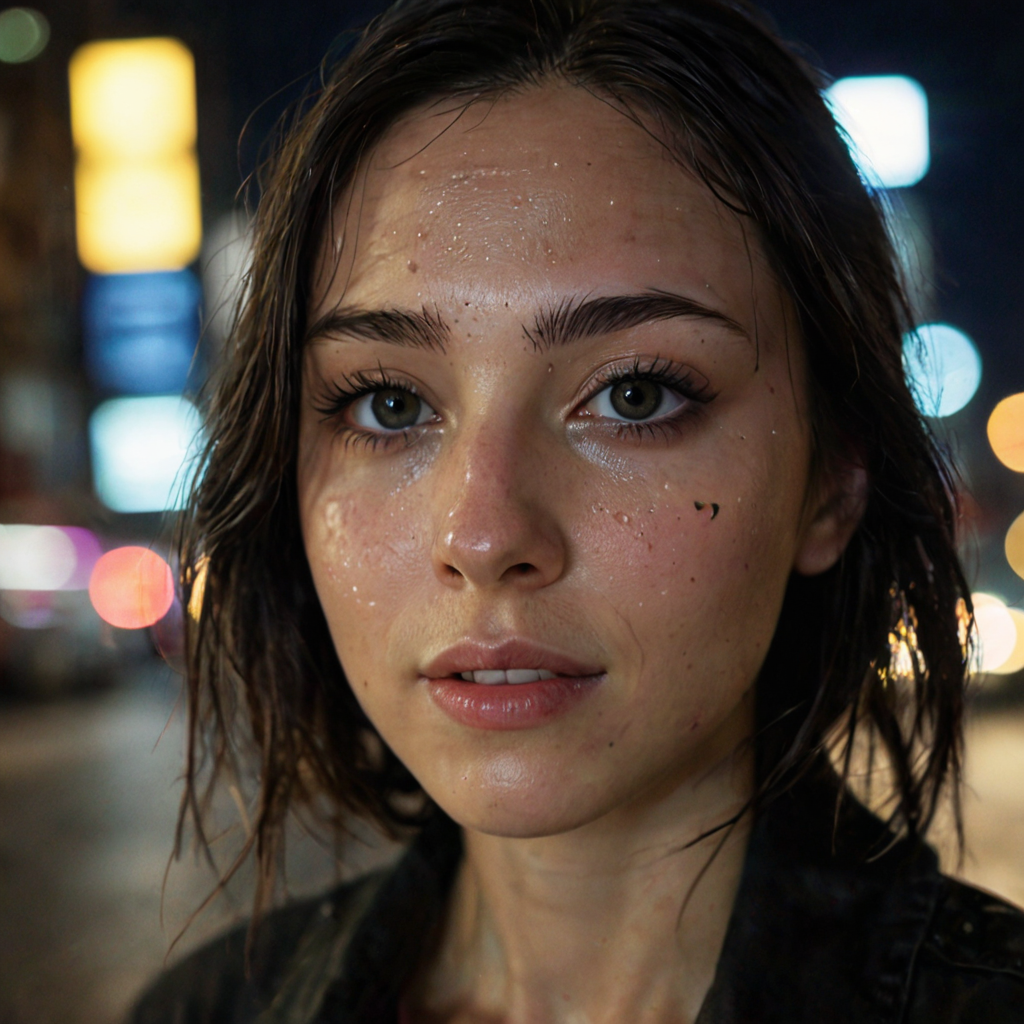 circular lens, in a city at night, rain, artificial light