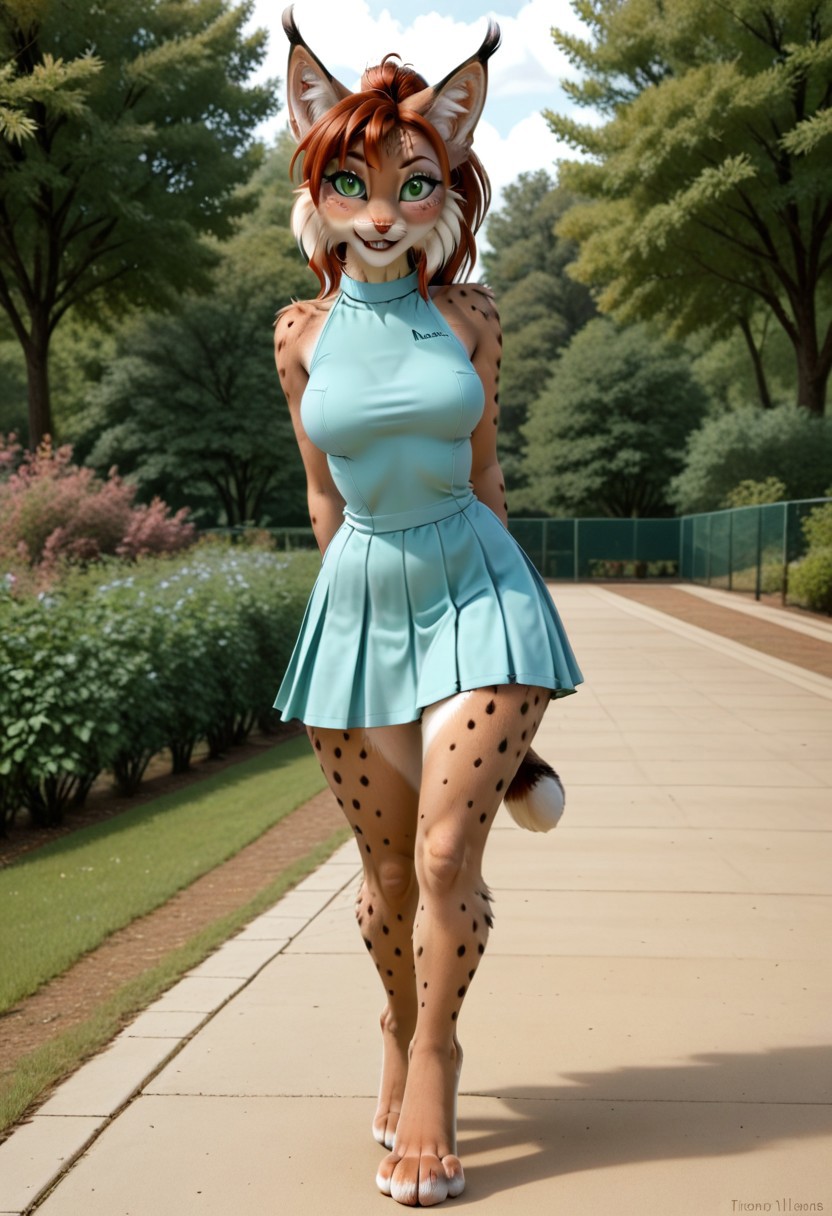 A 35mm photo of a petite beautiful 40 year old redhead, hair in a high ponytail, she is an anthropomorphic  lynx,  lynx nose,  lynx teeth,  lynx face, green lynx eyes, freckles,  lynx fur all over her body, walking in a park, she is surrounded by pretty wildflowers,  lynx tail, petite round hips, soft flat tummy, soft curvy petite thighs,  petite c-cup breasts, wearing a pink tennis dress, she is a  lynx,  lynx tail, small pawlike hands, digitigrade  lynx feet, no shoes, brown lynx fur, tennis dress