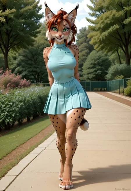 A 35mm photo of a petite beautiful 40 year old redhead, hair in a high ponytail, she is an anthropomorphic  lynx,  lynx nose,  lynx teeth,  lynx face, green lynx eyes, freckles,  lynx fur all over her body, walking in a park, she is surrounded by pretty wildflowers,  lynx tail, petite round hips, soft flat tummy, soft curvy petite thighs,  petite c-cup breasts, wearing a pink tennis dress, she is a  lynx,  lynx tail, small pawlike hands, digitigrade  lynx feet, no shoes, brown lynx fur, tennis dress