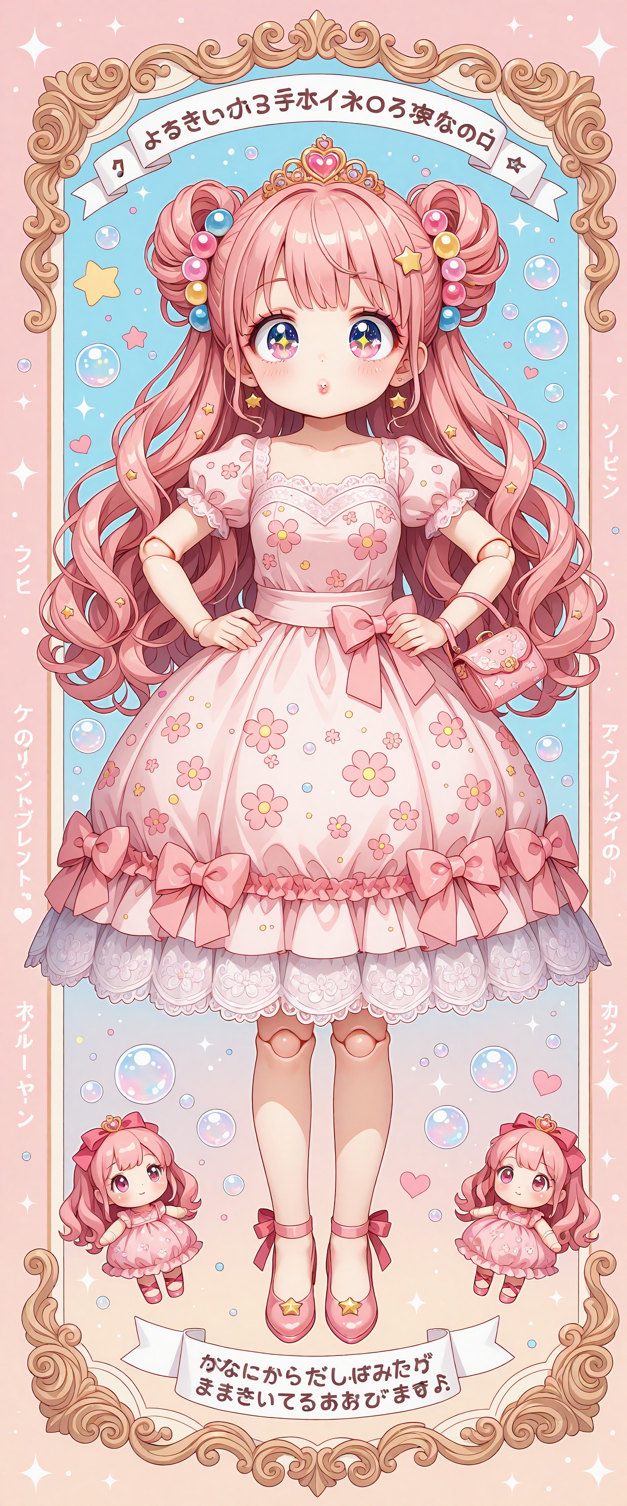 ((fullbody)) 1girl, solo, ((Licca-chan : 1.2)), moe, kawaii, cute, doll, doll joints, big sparkling eyes, detailed lips, makeup, hands on hips, holding, holding purse, fashion, ((doll_clothes)), (princess), gown, ((ornate floral print puffy gown with ribbons and rococo lace trim)), accessories, hair ornaments, too many hair ornaments, simple background, print background, pastel background, (pastel pink floral and bubble shoujo manga background), pastel pink floral print background, bubbles, text, text captions, ((Japanese text)), wide shot, pastel colors, hearts, star (symbol), music notes, sparkles, glitter, , <lora:19a618b0-9c60-490e-984c-201466b5ed8f:0.7>, <lora:d10e6385-a080-4735-a8cf-9b683731baca:0.7>, <lora:3362f4d1-aecf-4584-8d0a-65ce6528fe99:0.6>, <lora:7fa89c10-5601-4ced-9e6d-e50019f5aa4b:0.5>, <lora:678b49e2-f537-4298-8f86-c8e5267b2ed7:0.4>, <lora:ab19ebf7-99b5-4dc4-8f50-e9330005ed10:0.4>, <lora:84bda6d4-87ea-4e5d-aca1-a8c93279c7f8:0.3>, <lora:e485f886-377e-4727-92e3-947262a0784f:0.3>, , , , , , , , , , , , ,
