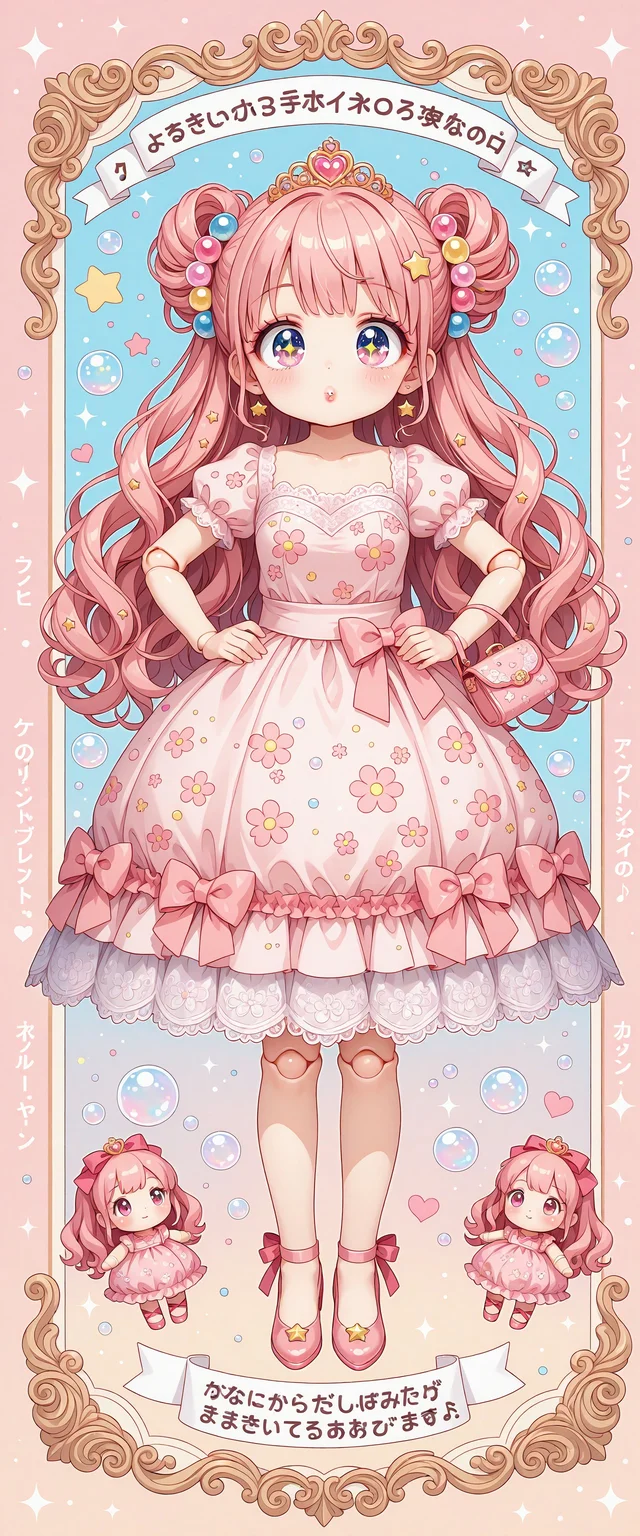 ((fullbody)) 1girl, solo, ((Licca-chan : 1.2)), moe, kawaii, cute, doll, doll joints, big sparkling eyes, detailed lips, makeup, hands on hips, holding, holding purse, fashion, ((doll_clothes)), (princess), gown, ((ornate floral print puffy gown with ribbons and rococo lace trim)), accessories, hair ornaments, too many hair ornaments, simple background, print background, pastel background, (pastel pink floral and bubble shoujo manga background), pastel pink floral print background, bubbles, text, text captions, ((Japanese text)), wide shot, pastel colors, hearts, star (symbol), music notes, sparkles, glitter, , <lora:19a618b0-9c60-490e-984c-201466b5ed8f:0.7>, <lora:d10e6385-a080-4735-a8cf-9b683731baca:0.7>, <lora:3362f4d1-aecf-4584-8d0a-65ce6528fe99:0.6>, <lora:7fa89c10-5601-4ced-9e6d-e50019f5aa4b:0.5>, <lora:678b49e2-f537-4298-8f86-c8e5267b2ed7:0.4>, <lora:ab19ebf7-99b5-4dc4-8f50-e9330005ed10:0.4>, <lora:84bda6d4-87ea-4e5d-aca1-a8c93279c7f8:0.3>, <lora:e485f886-377e-4727-92e3-947262a0784f:0.3>, , , , , , , , , , , , ,