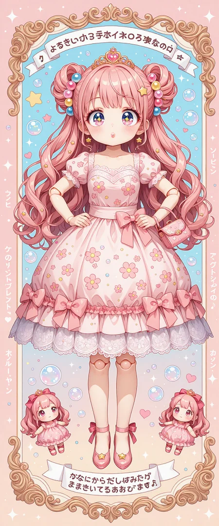 ((fullbody)) 1girl, solo, ((Licca-chan : 1.2)), moe, kawaii, cute, doll, doll joints, big sparkling eyes, detailed lips, makeup, hands on hips, holding, holding purse, fashion, ((doll_clothes)), (princess), gown, ((ornate floral print puffy gown with ribbons and rococo lace trim)), accessories, hair ornaments, too many hair ornaments, simple background, print background, pastel background, (pastel pink floral and bubble shoujo manga background), pastel pink floral print background, bubbles, text, text captions, ((Japanese text)), wide shot, pastel colors, hearts, star (symbol), music notes, sparkles, glitter, , <lora:19a618b0-9c60-490e-984c-201466b5ed8f:0.7>, <lora:d10e6385-a080-4735-a8cf-9b683731baca:0.7>, <lora:3362f4d1-aecf-4584-8d0a-65ce6528fe99:0.6>, <lora:7fa89c10-5601-4ced-9e6d-e50019f5aa4b:0.5>, <lora:678b49e2-f537-4298-8f86-c8e5267b2ed7:0.4>, <lora:ab19ebf7-99b5-4dc4-8f50-e9330005ed10:0.4>, <lora:84bda6d4-87ea-4e5d-aca1-a8c93279c7f8:0.3>, <lora:e485f886-377e-4727-92e3-947262a0784f:0.3>, , , , , , , , , , , , ,