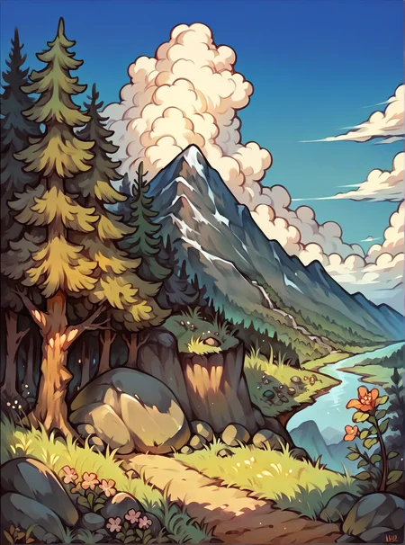 score_9,score_8_up,score_7_up,score_6_up,score_5_up,score_4_up flower,outdoors,sky,day,cloud,tree,blue sky,no humans,grass,nature,scenery,forest,rock,mountain,landscape,mountainous horizon <lora:DragonsCrown-PonyXL-1024px:0.9>,