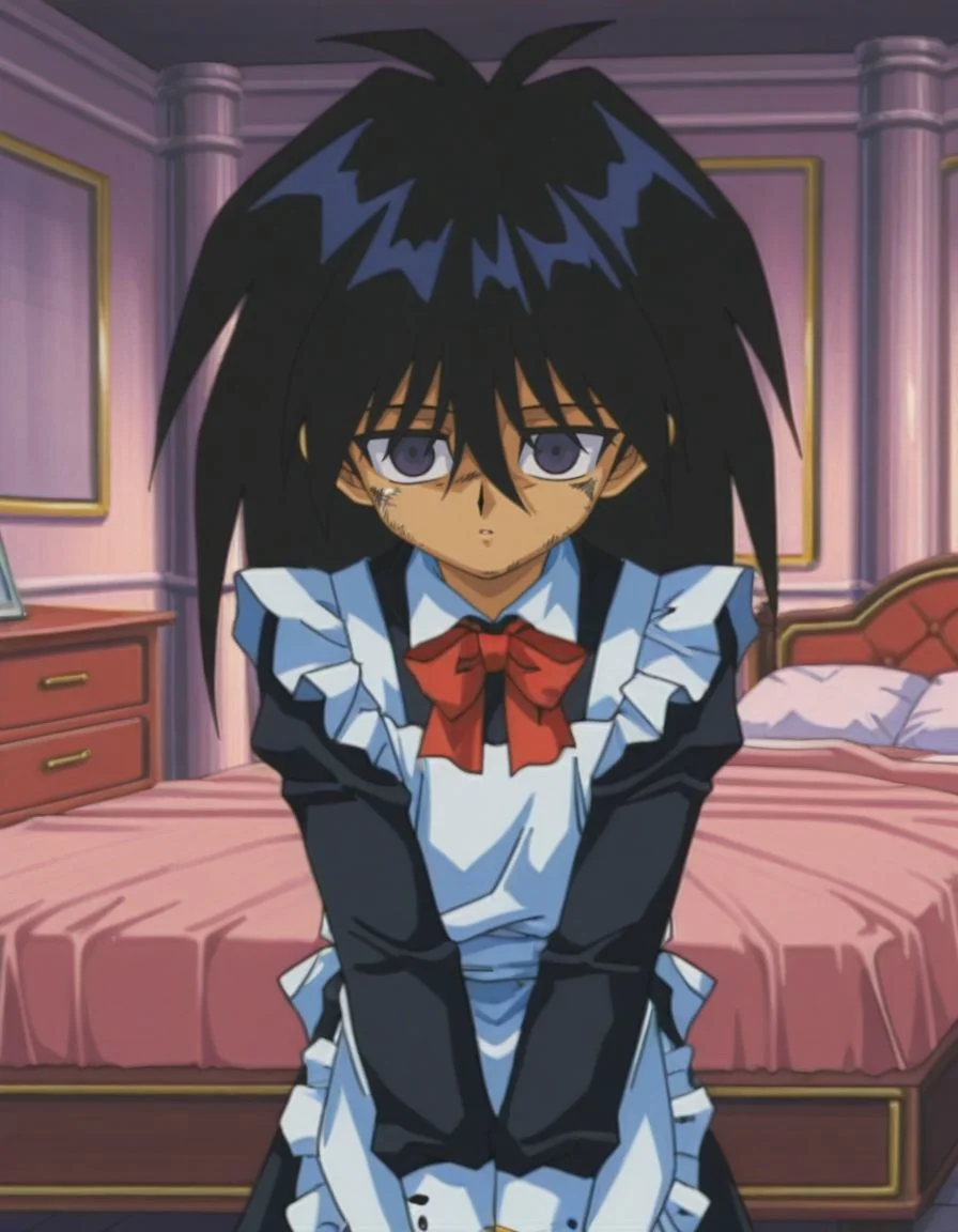 masterpiece, best quality, male focus, looking ahead, bedroom, (maid:1.2), solo,dirty, seductive pose,
<lora:Mind_Controlled_Mokuba_1:0.9>, m0ku, 1boy, black hair, long hair, purple eyes, retro artsyle, 1990s (style), hair between eyes, male child, empty eyes,